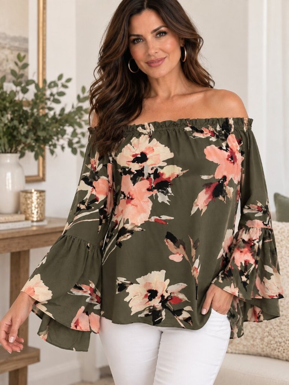 White House Black Market Floral Off Shoulder Bell Sleeve Boho Blouse Top Medium